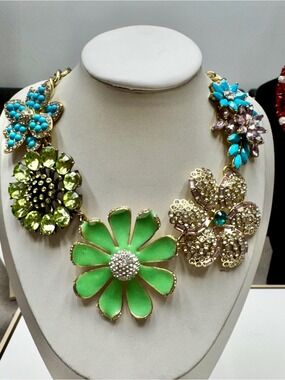 Gold-tone Floral Statement Necklace with Bright Green and Turquoise Accents